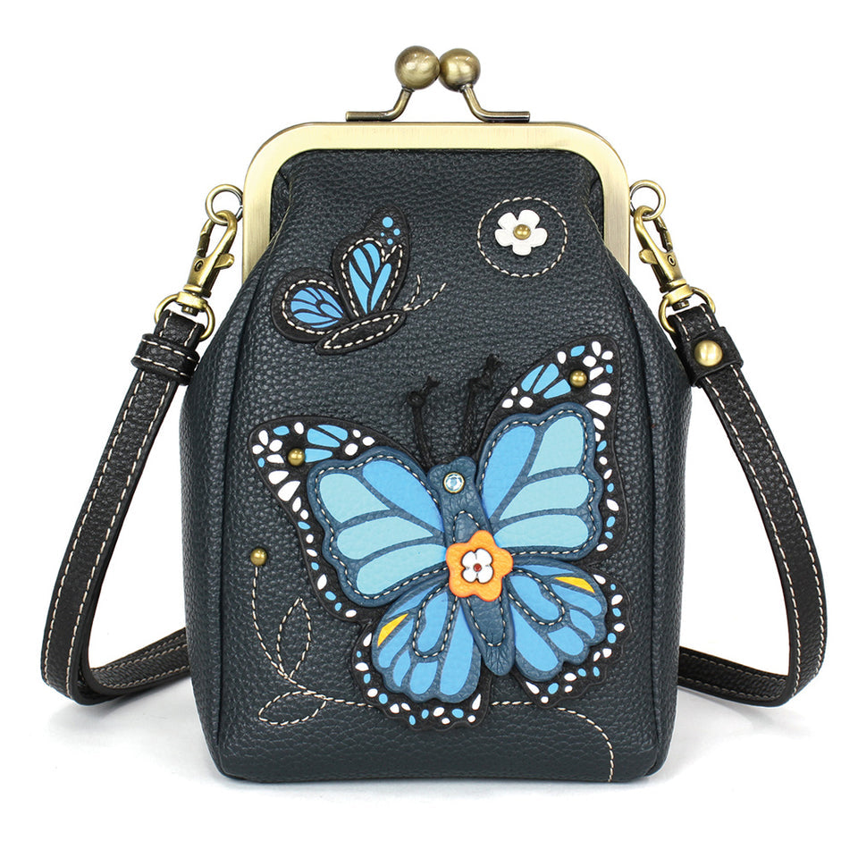 Kisslock Cellphone Crossbody-Blue Butterfly-Navy - Raymond's Hallmark
