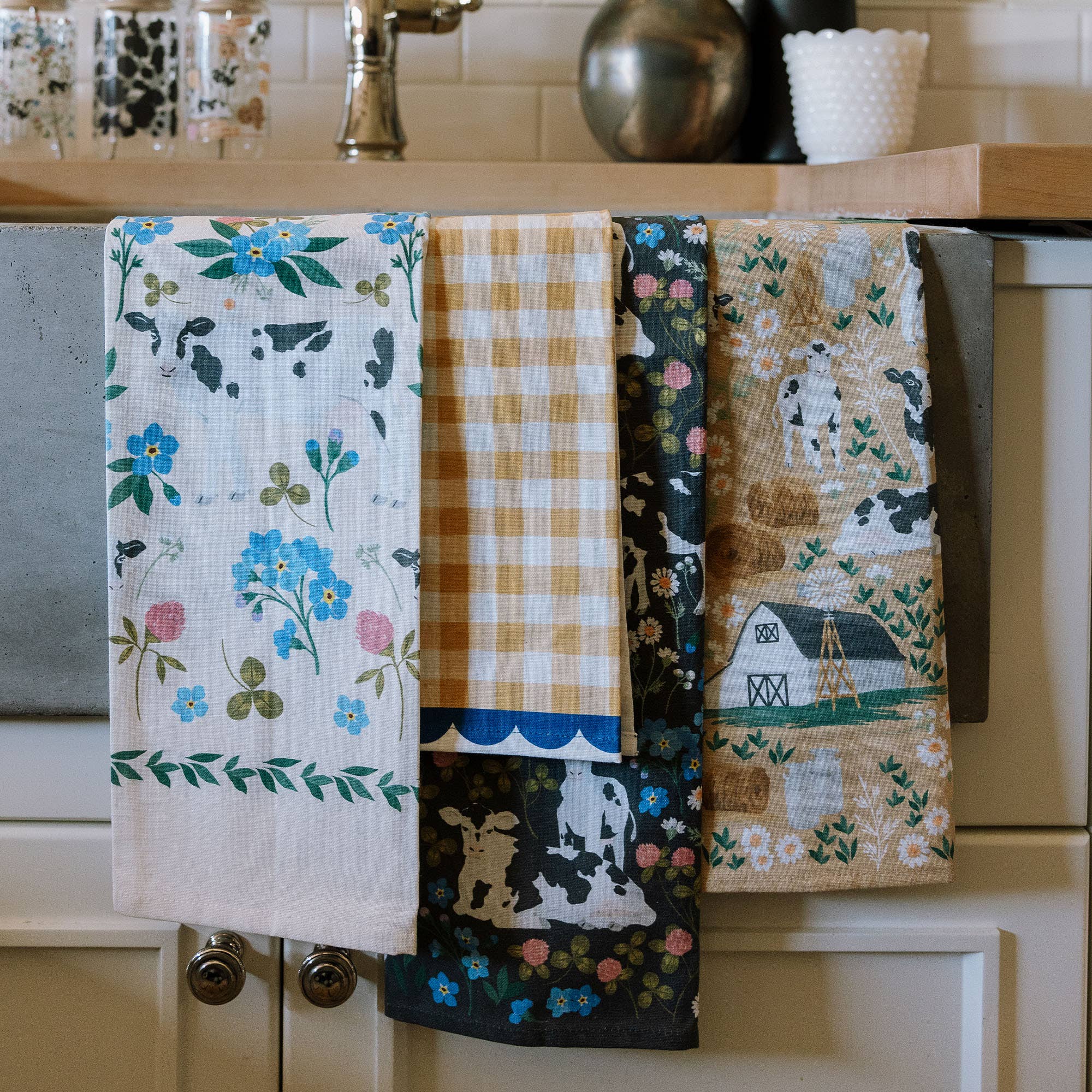 Milk Cows Folk Floral Tea Towel - Raymond's Hallmark