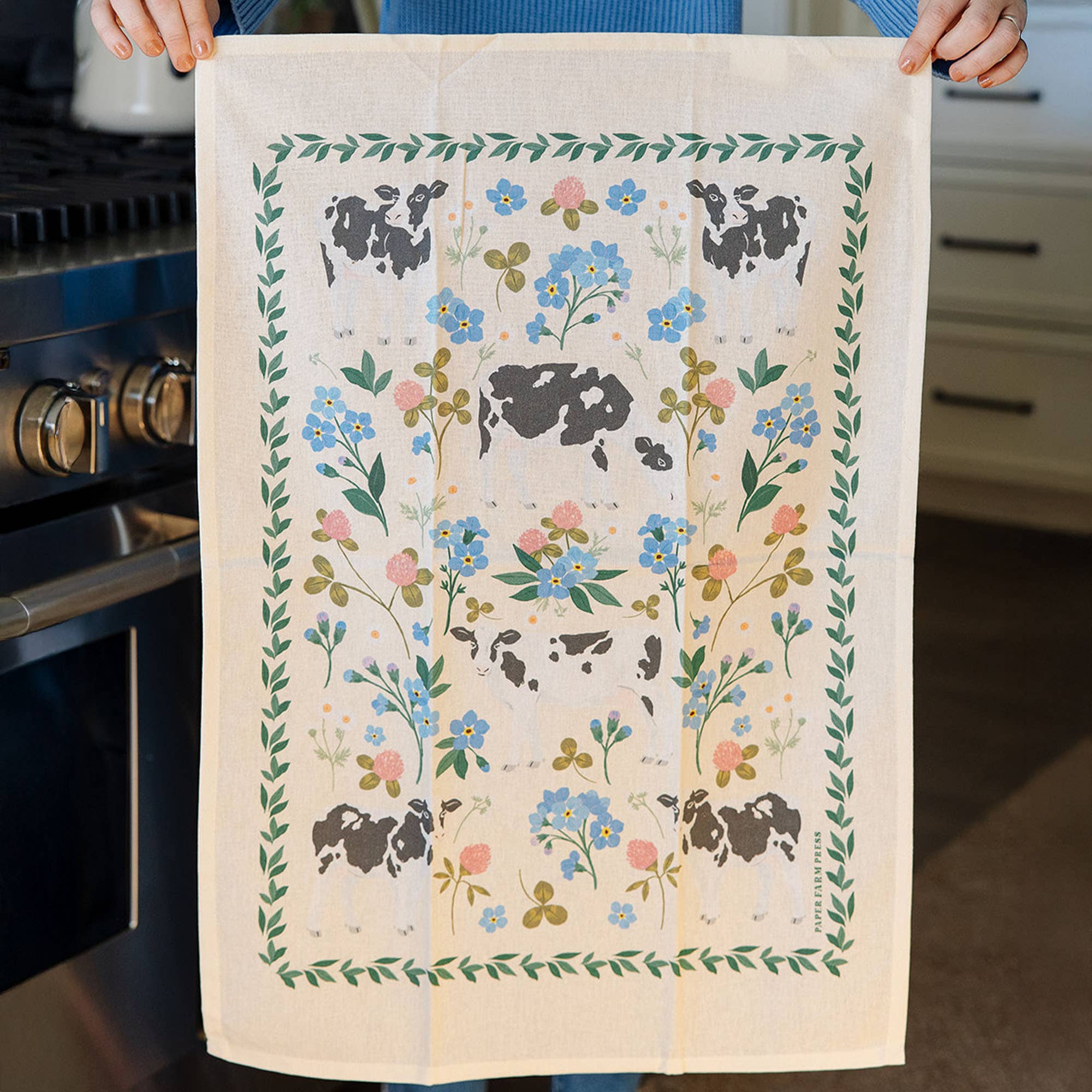 Milk Cows Folk Floral Tea Towel - Raymond's Hallmark