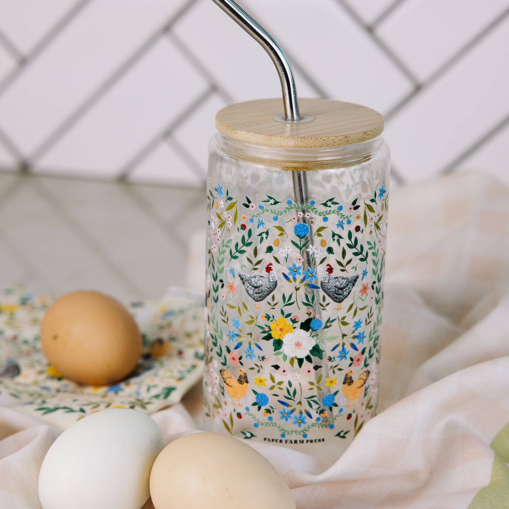 Chicken & Flowers Glass Can - Raymond's Hallmark