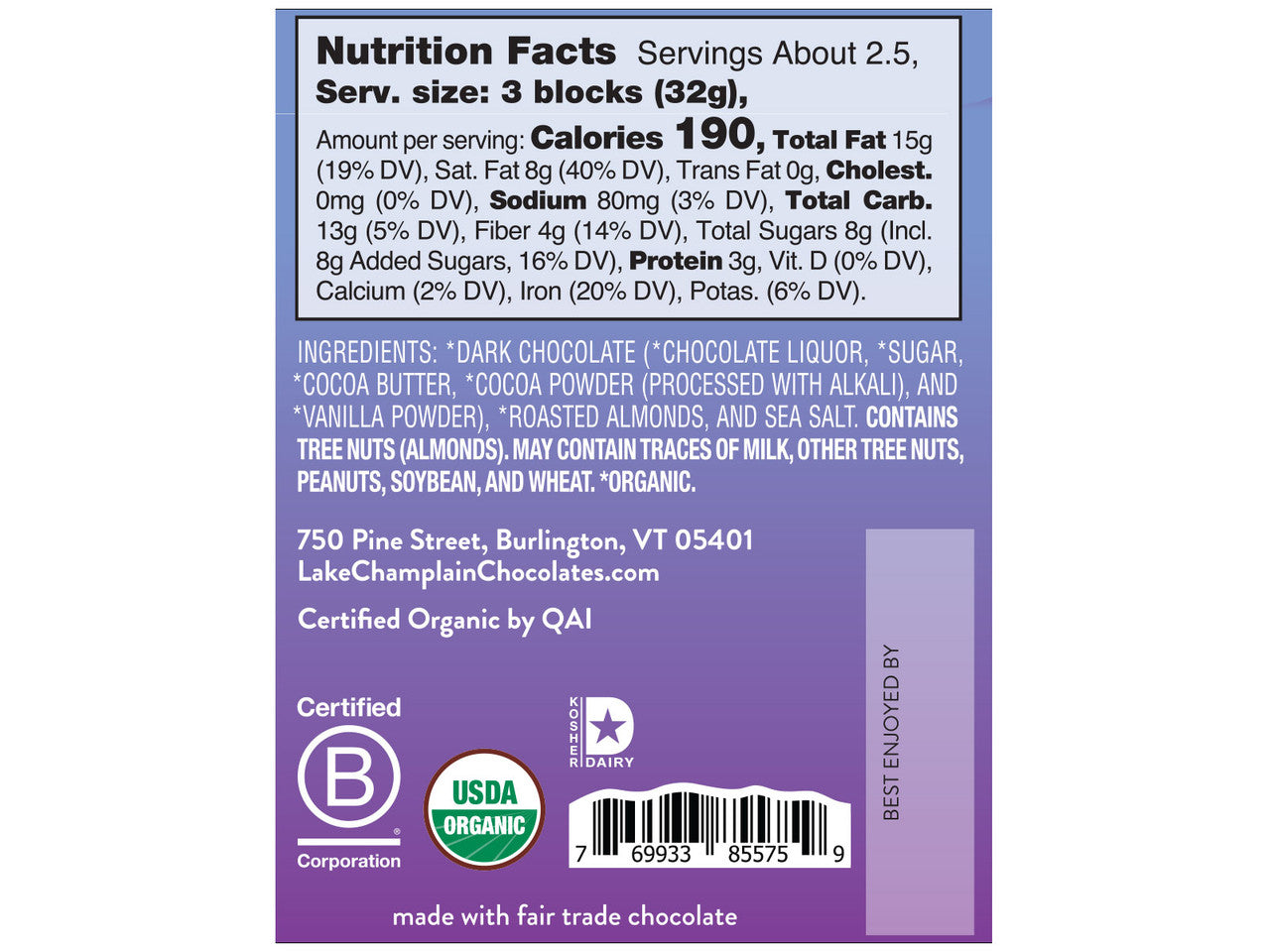 Almonds & Sea Salt 43% Cocoa Dark - Raymond's Hallmark