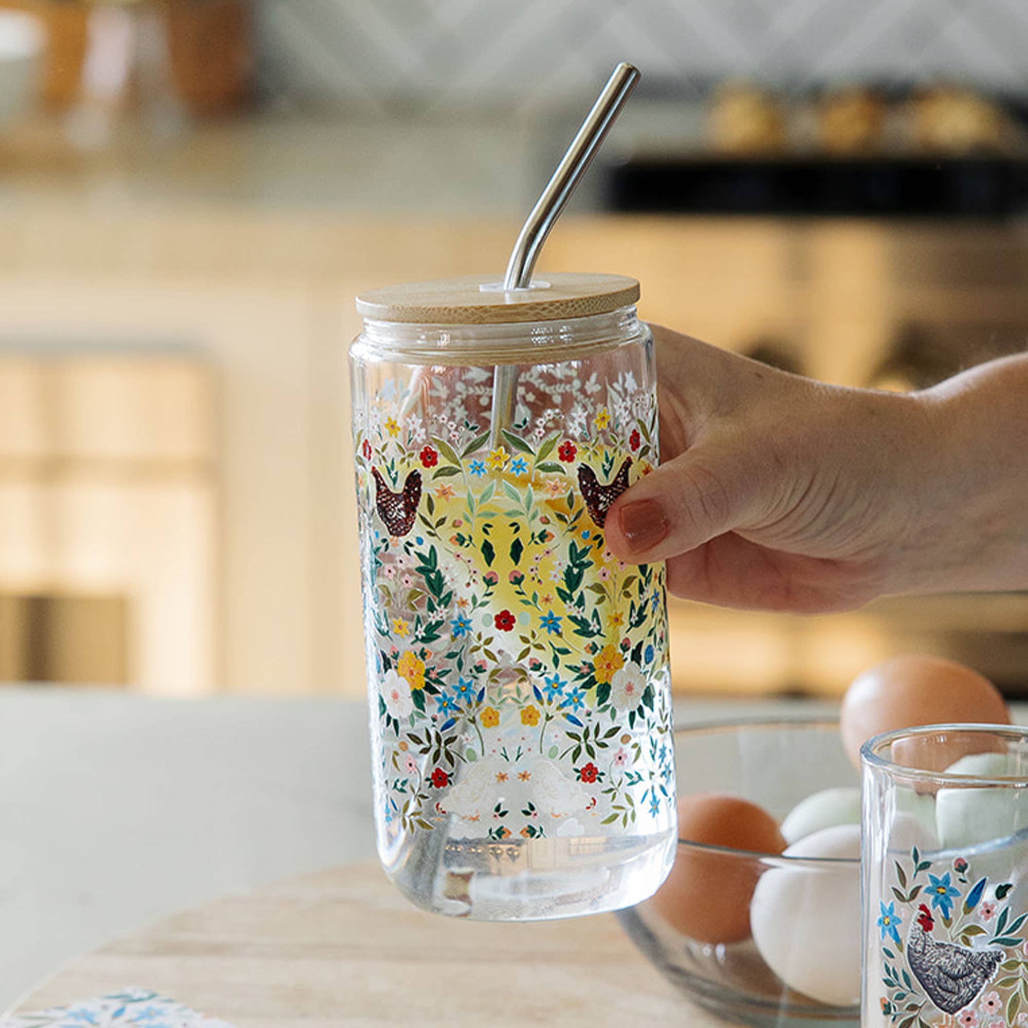 Chicken & Flowers Glass Can - Raymond's Hallmark